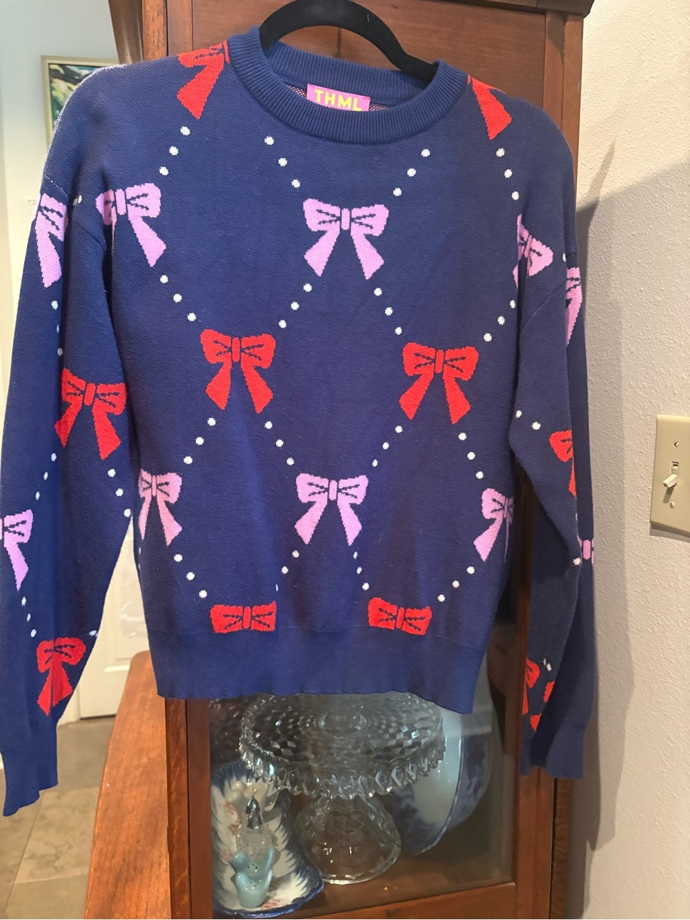 THML Navy Crewneck Sweater with Pink & Red Bow Pattern